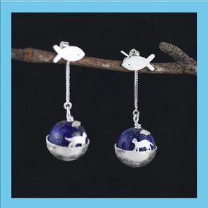 Sterling Silver Lapis Lazuli Cat and Fish Earrings